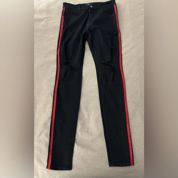 Amiri Jeans 34 Glitter Track Jeans Black With Red Stripe Men's Skinny Distressed - Picture 7 of 14